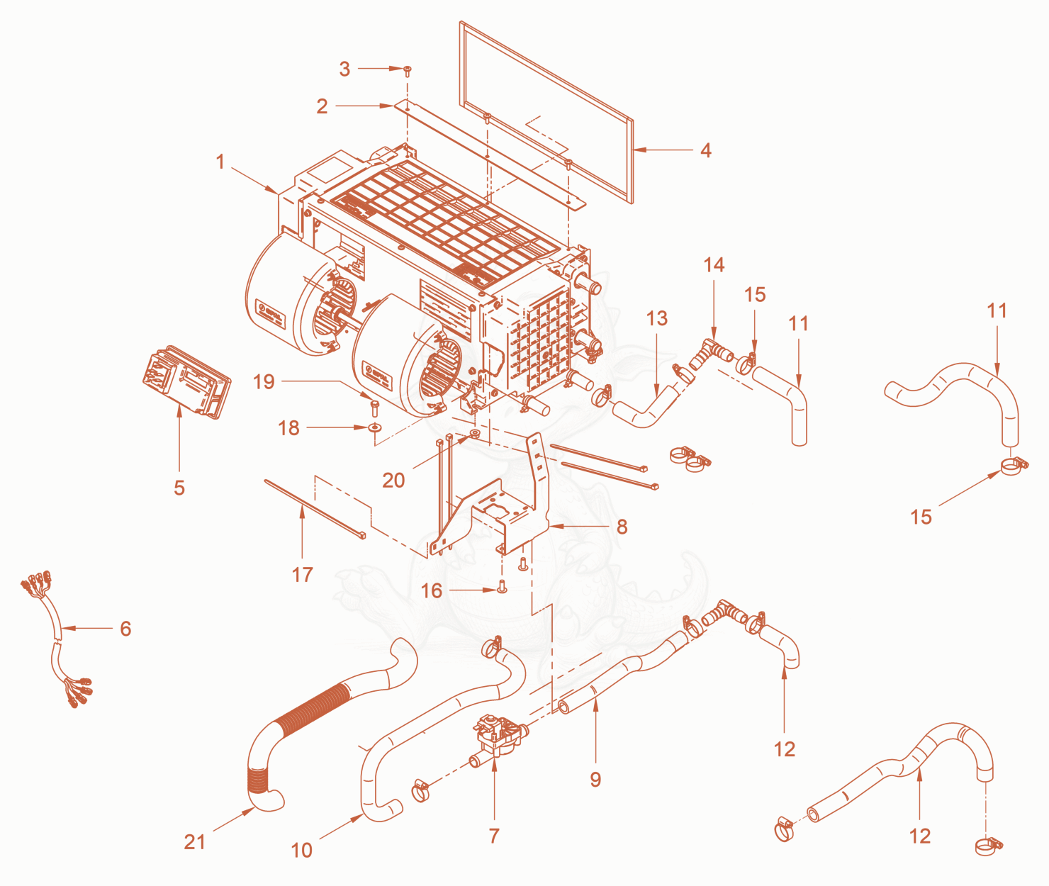 Exploded parts diagram of the heater of a Wacker Neuson RC50PDPFCAB, with numbered balloons
