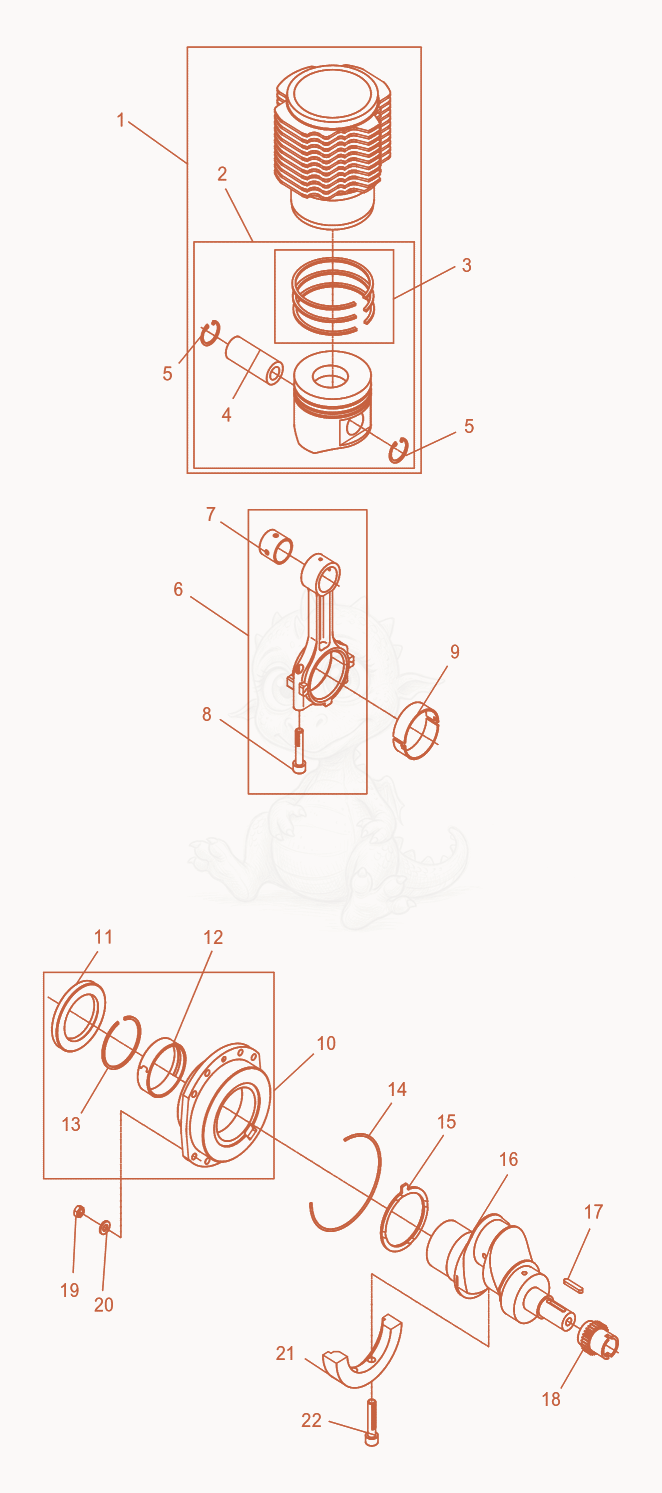 Exploded parts diagram of the Cylinder with Piston-Connecting Rod-Crankshaft of a Wacker Neuson DPU4045H, with numbered balloons