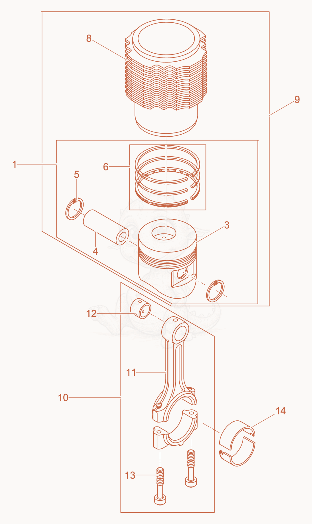 Exploded parts diagram of the Piston-Connecting Rod-Cylinder of a Wacker Neuson DPU6555HECUS, with numbered balloons