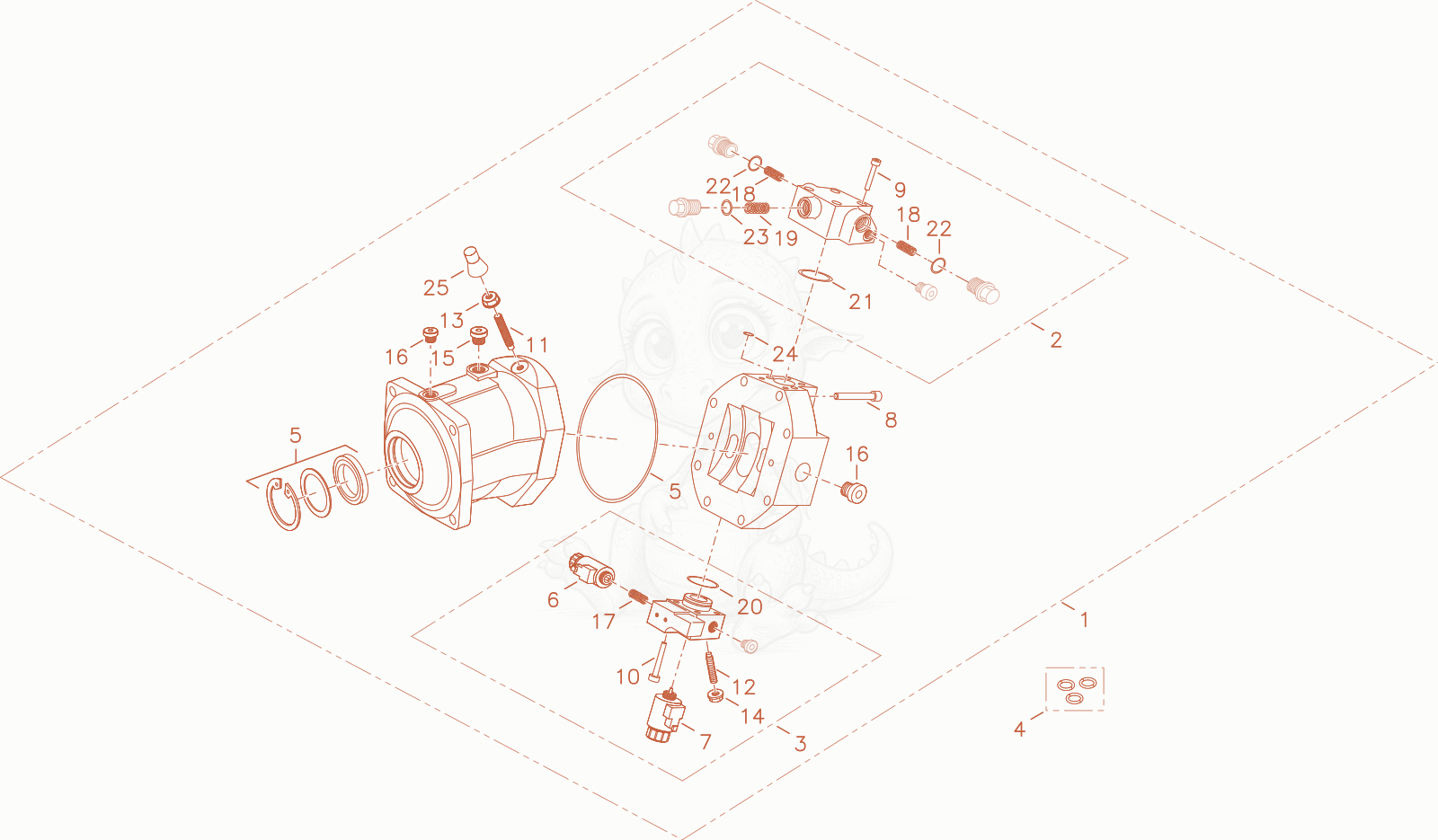 Exploded parts diagram of the displacement motor of a Wacker Neuson TH522STAGEV, with numbered balloons