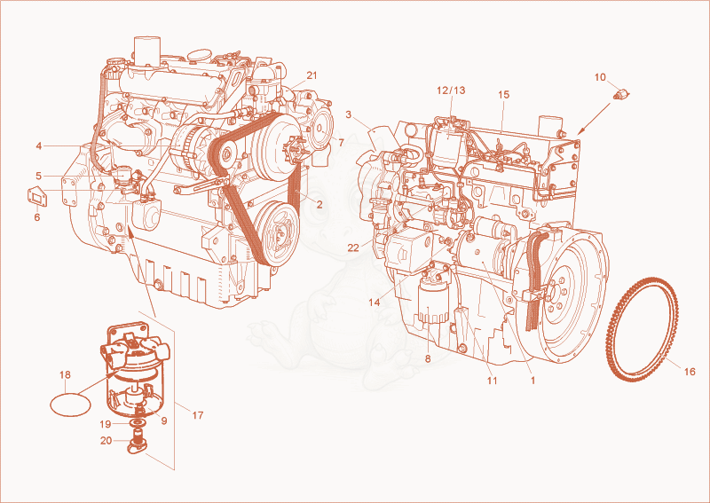 Exploded parts diagram of the diesel engine of a Wacker Neuson 6000/9002, with numbered balloons