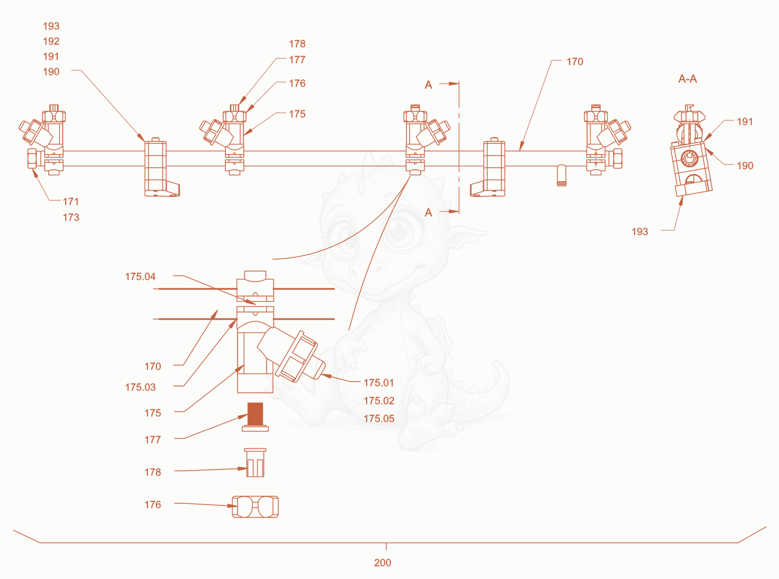 Exploded parts diagram of the sprinkling of a Wacker Neuson RD18-100C.3, with numbered balloons