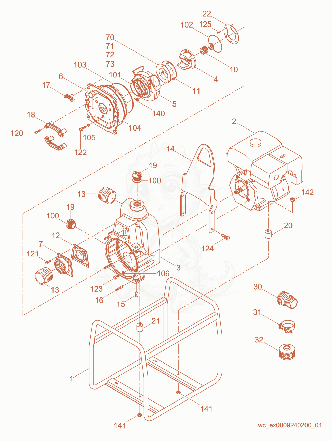 Despiece del Pump Components de una máquina Wacker Neuson PT3, con globos numerados