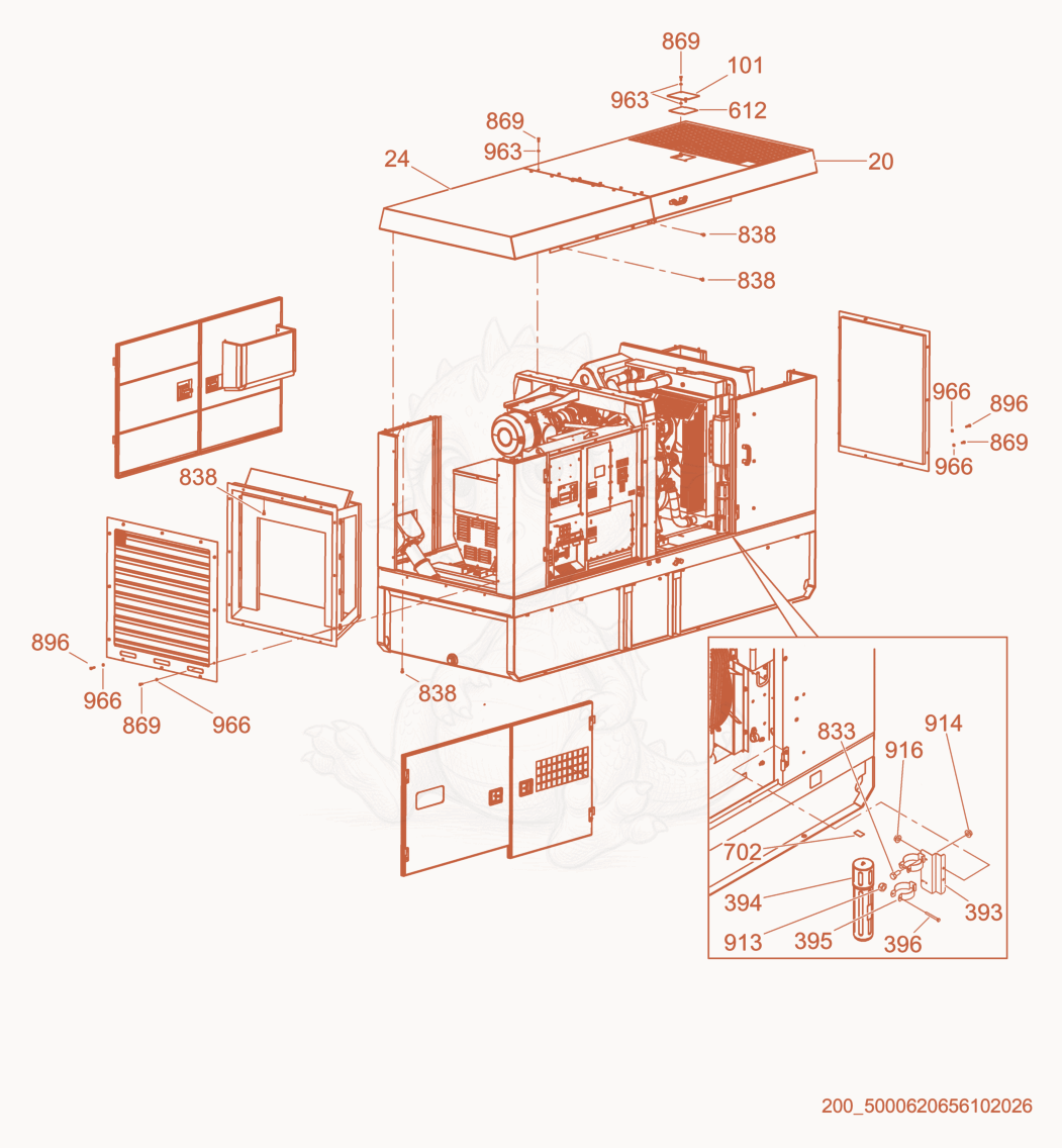 Exploded parts diagram of the Sheet Metal Assembly of a Wacker Neuson G240, with numbered balloons