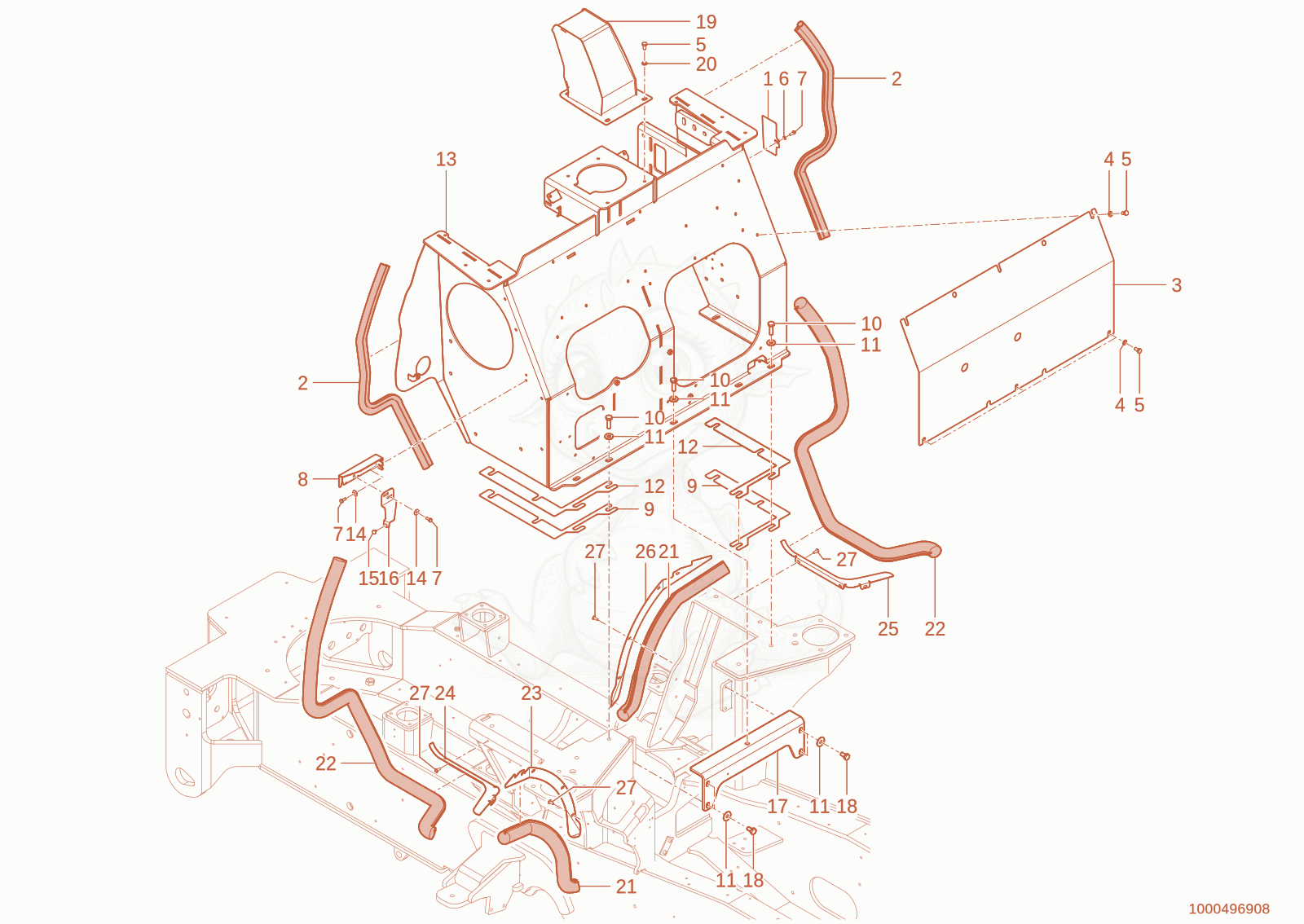 Exploded parts diagram of the connection of a Wacker Neuson WL110(R90-05), with numbered balloons