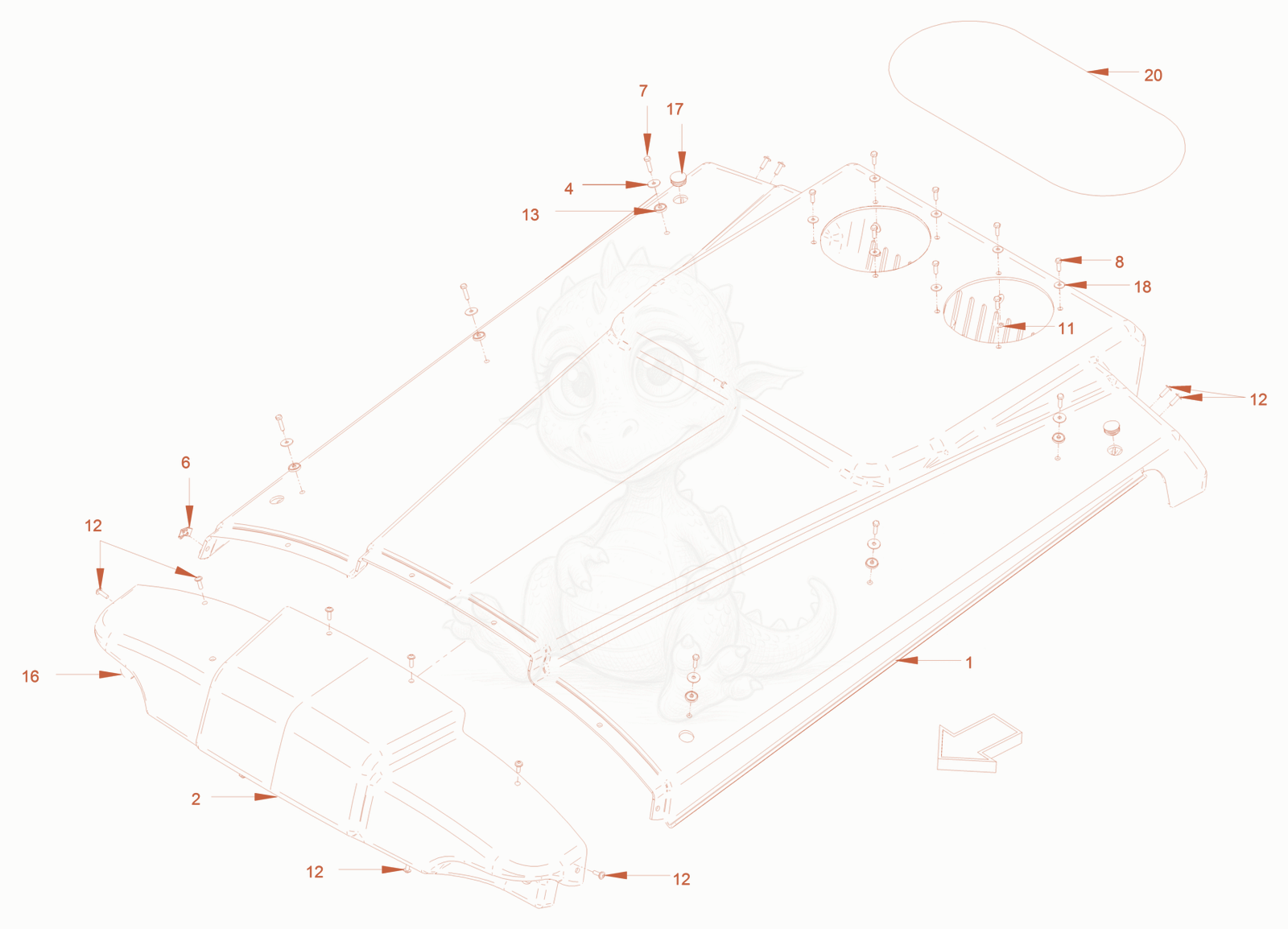 Exploded parts diagram of the sun canopy of a Wacker Neuson RC50P, with numbered balloons