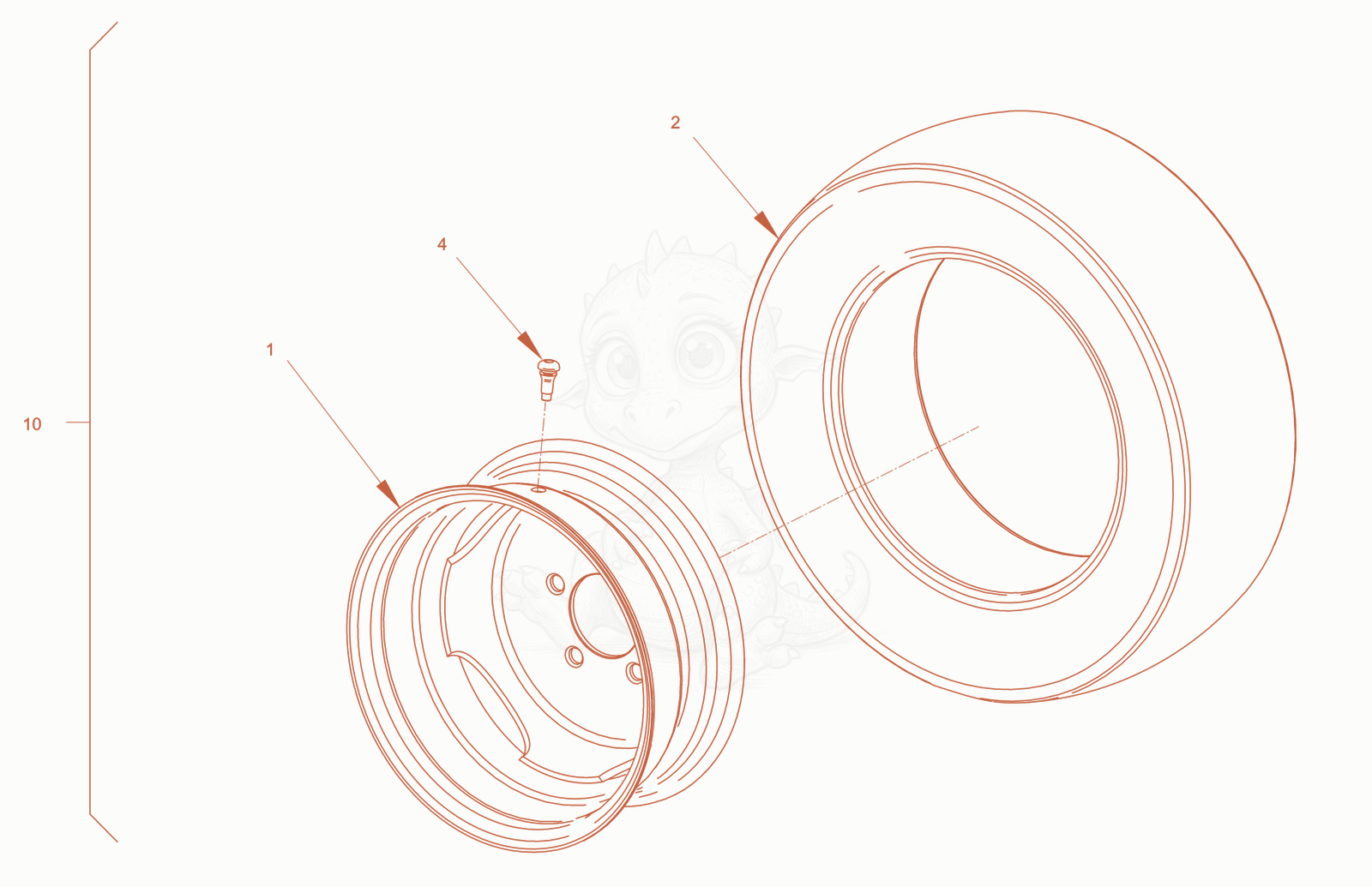 Exploded parts diagram of the tyre of a Wacker Neuson RD28-120CDPF, with numbered balloons