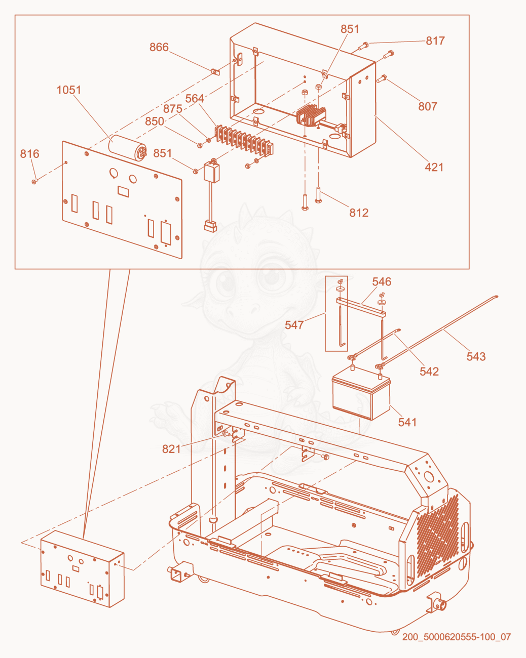 Exploded parts diagram of the Control Box/Battery of a Wacker Neuson LTN6K, with numbered balloons