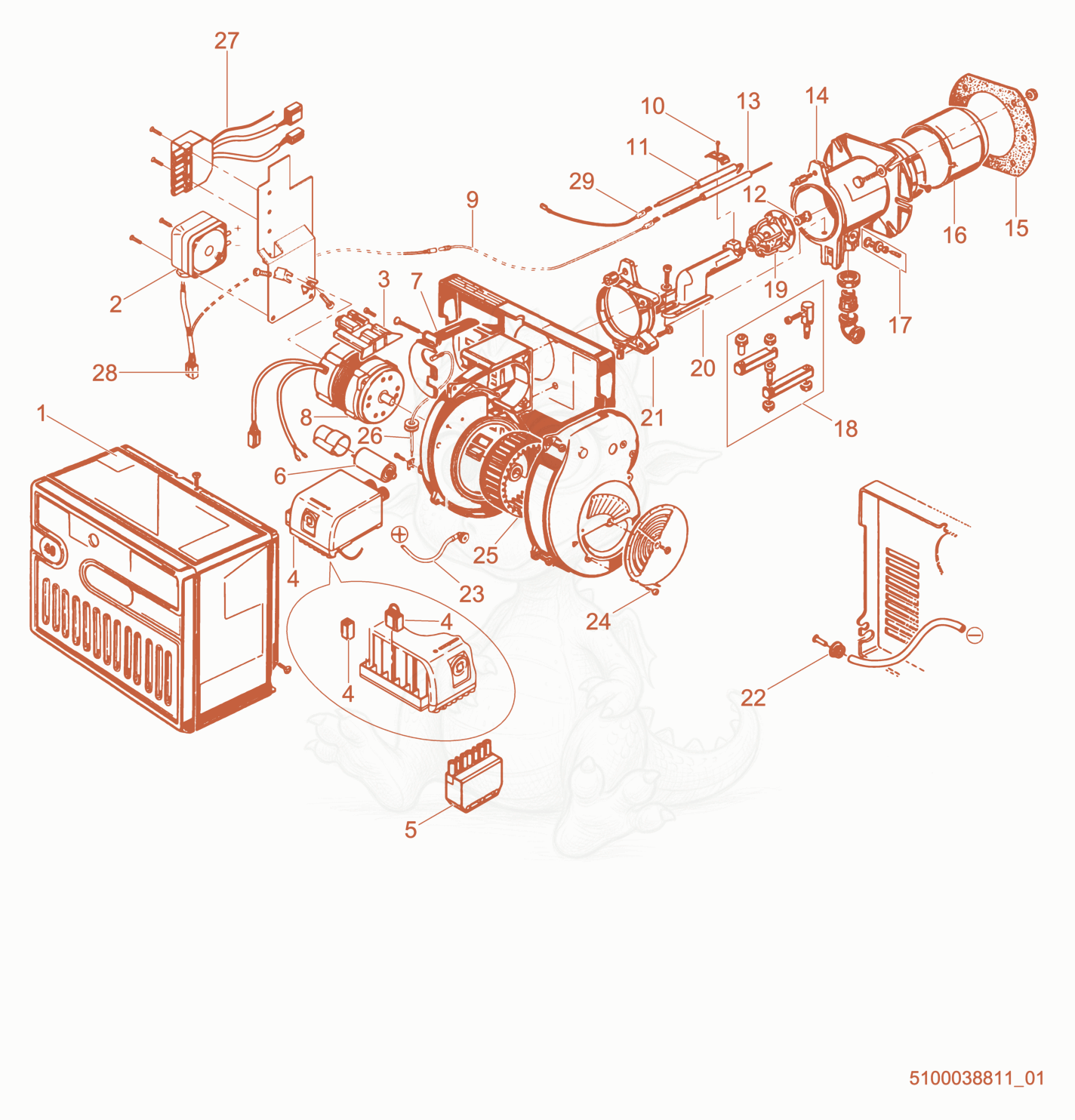 Exploded parts diagram of the Burner cpl. of a Wacker Neuson HSH380B, with numbered balloons