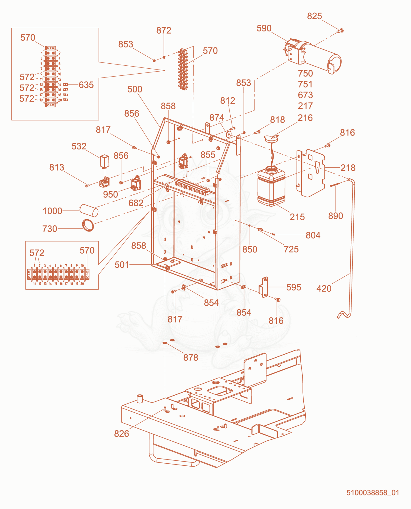 Exploded parts diagram of the Control Box, 60HZ (LED) of a Wacker Neuson LTV6K, with numbered balloons