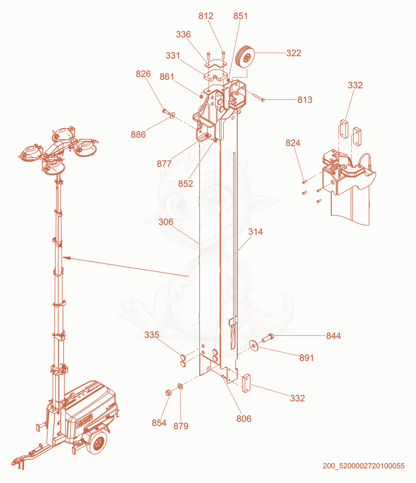 Exploded parts diagram of the Tower section 5 of a Wacker Neuson LTN6K-V, with numbered balloons