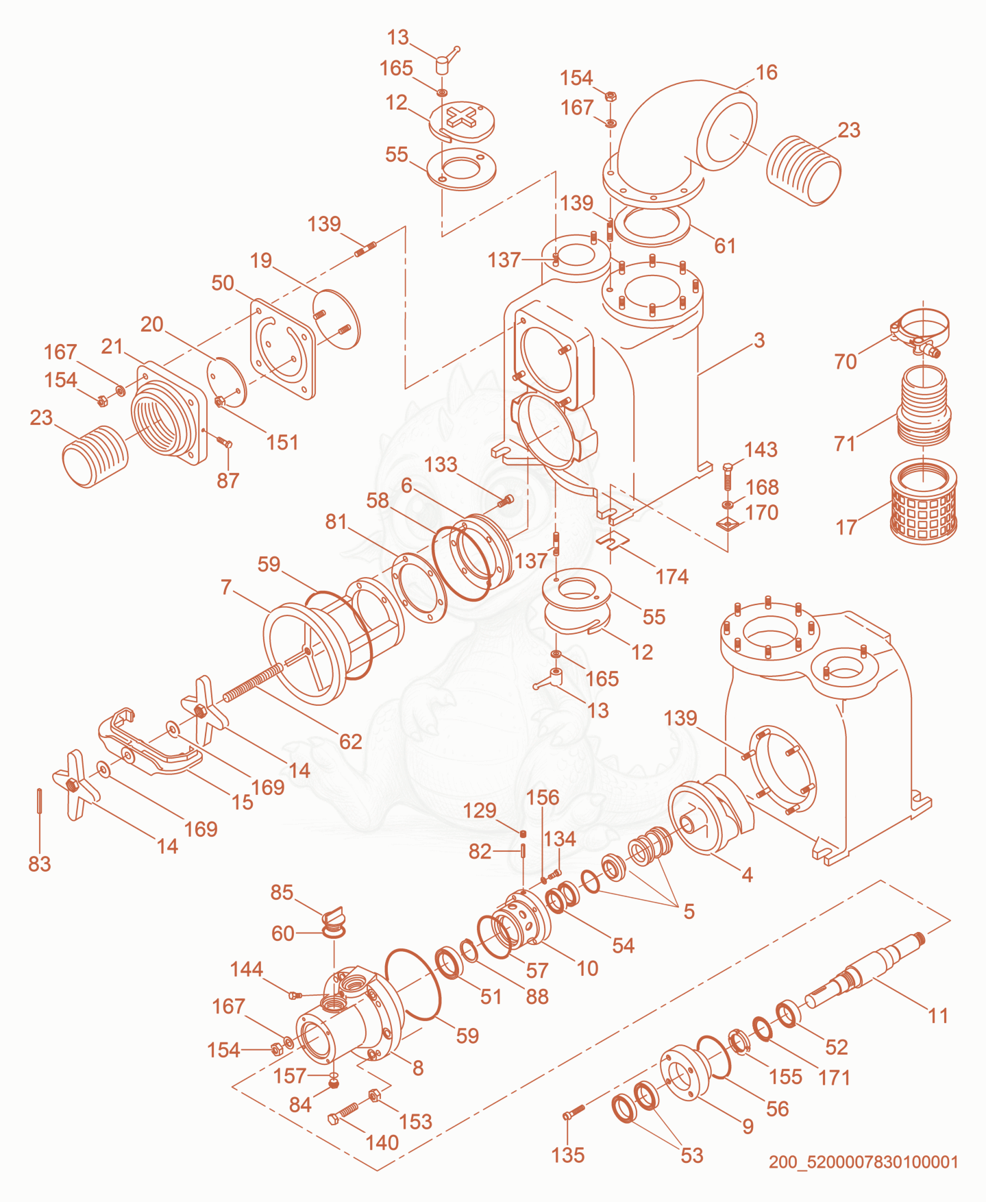Despiece del Pump Components de una máquina Wacker Neuson PTK6, con globos numerados