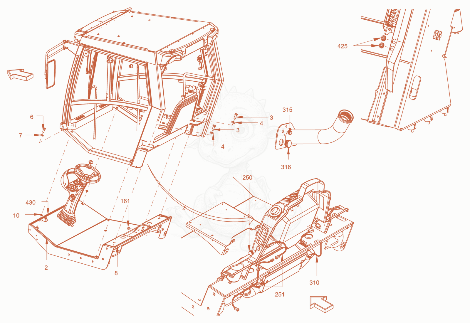 Exploded parts diagram of the driver's cabin of a Wacker Neuson RC110PUSROPS, with numbered balloons