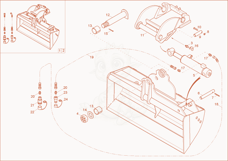 Exploded parts diagram of the tilting bucket QHS of a Wacker Neuson 38Z3, with numbered balloons