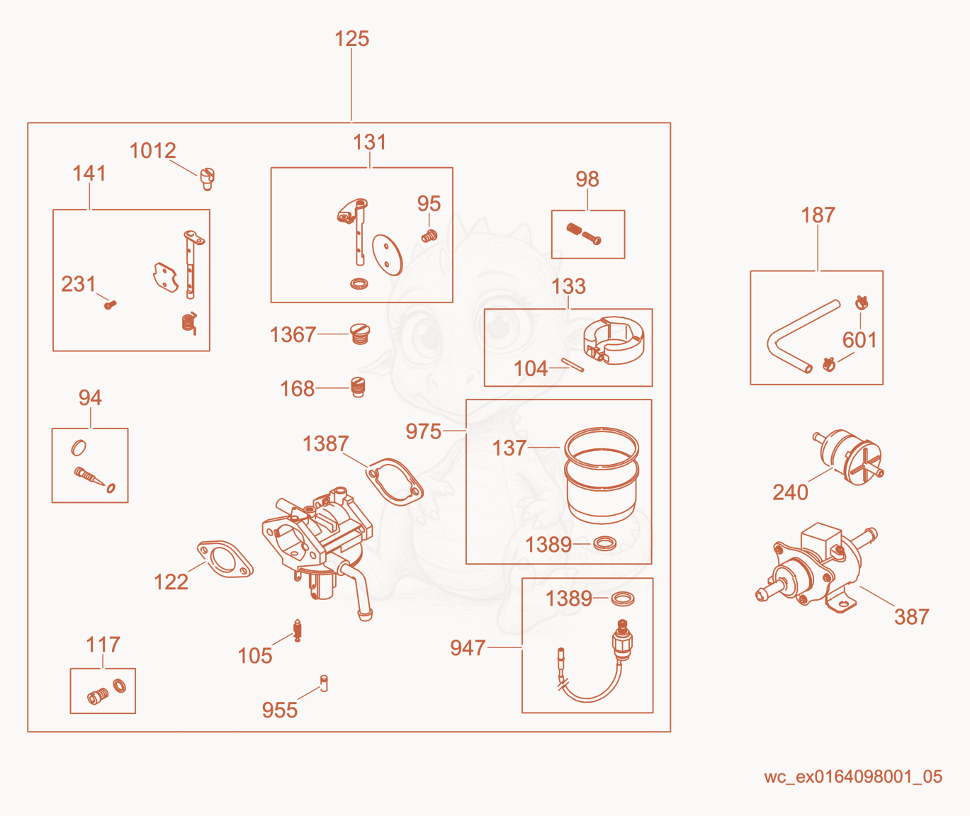 Exploded parts diagram of the Carburetor cpl. of a Wacker Neuson CRT48-34V, with numbered balloons