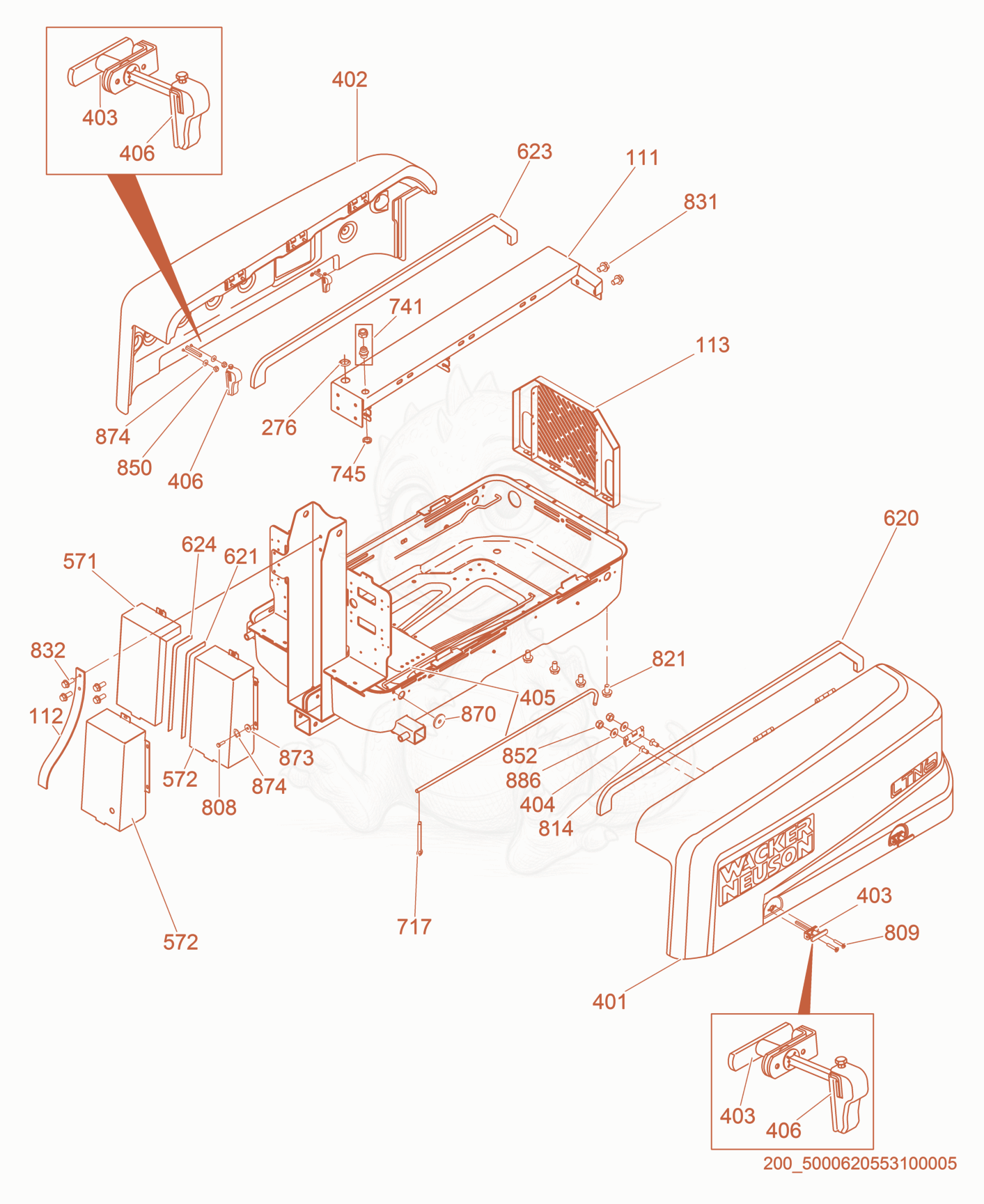 Exploded parts diagram of the Enclosure Panels of a Wacker Neuson LTN6K-LT, with numbered balloons