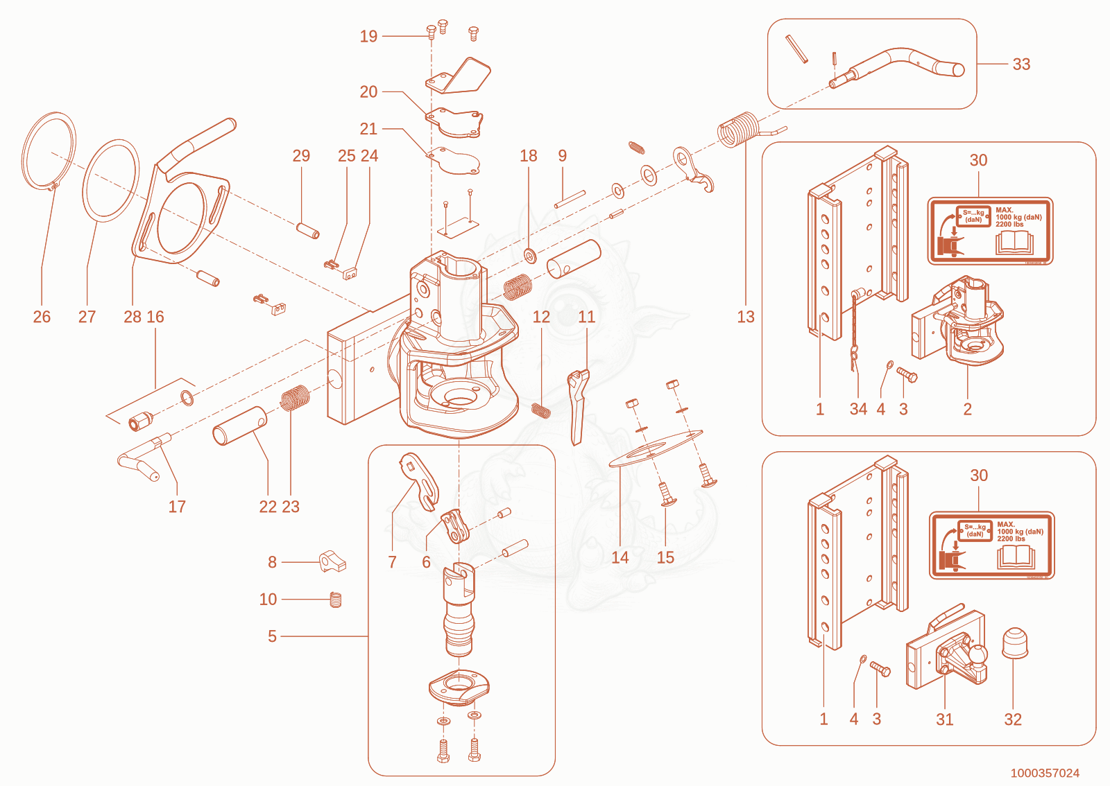 Exploded parts diagram of the trailer coupling of a Wacker Neuson TH627(418-12), with numbered balloons
