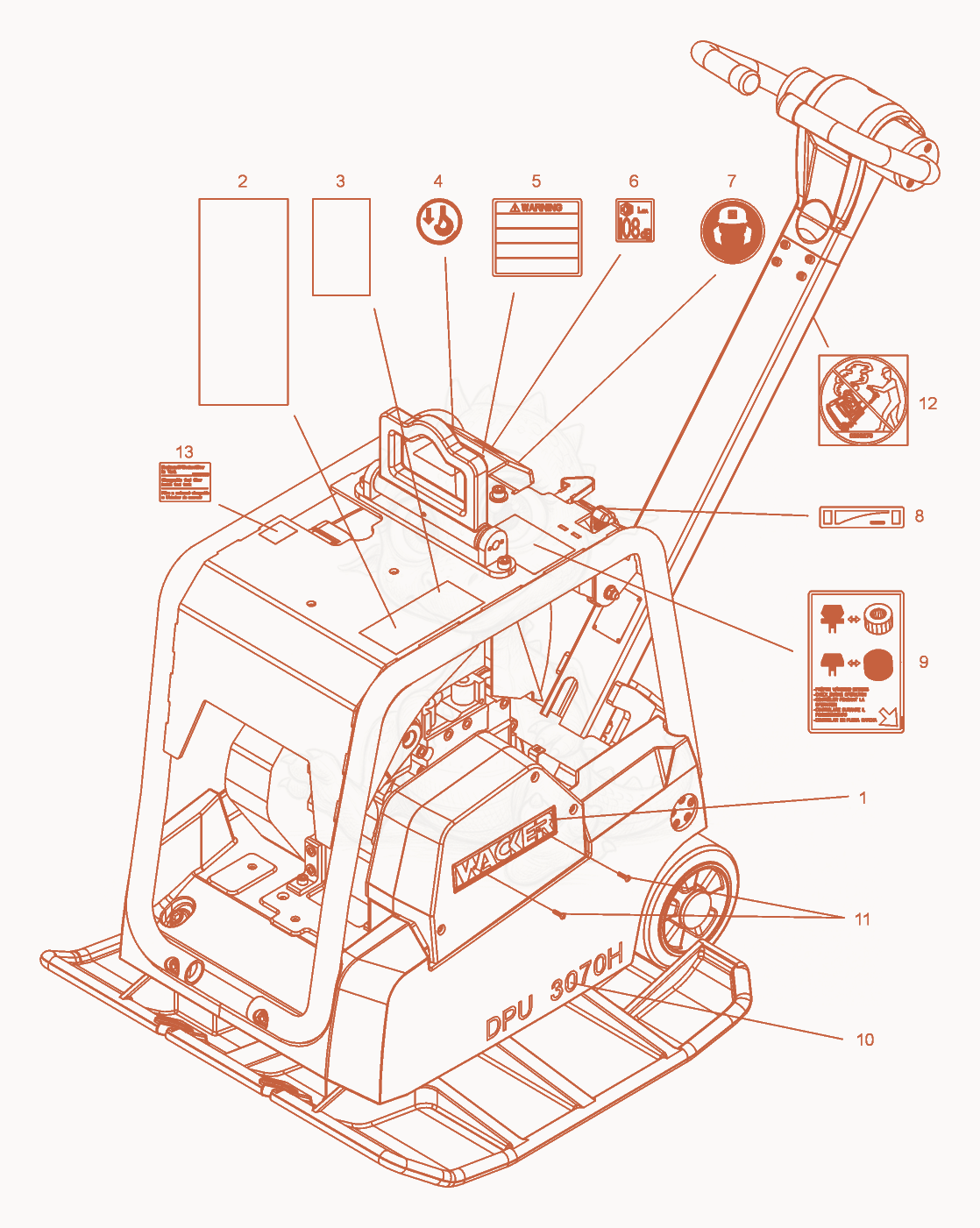 Exploded parts diagram of the Labels of a Wacker Neuson DPU3070H, with numbered balloons