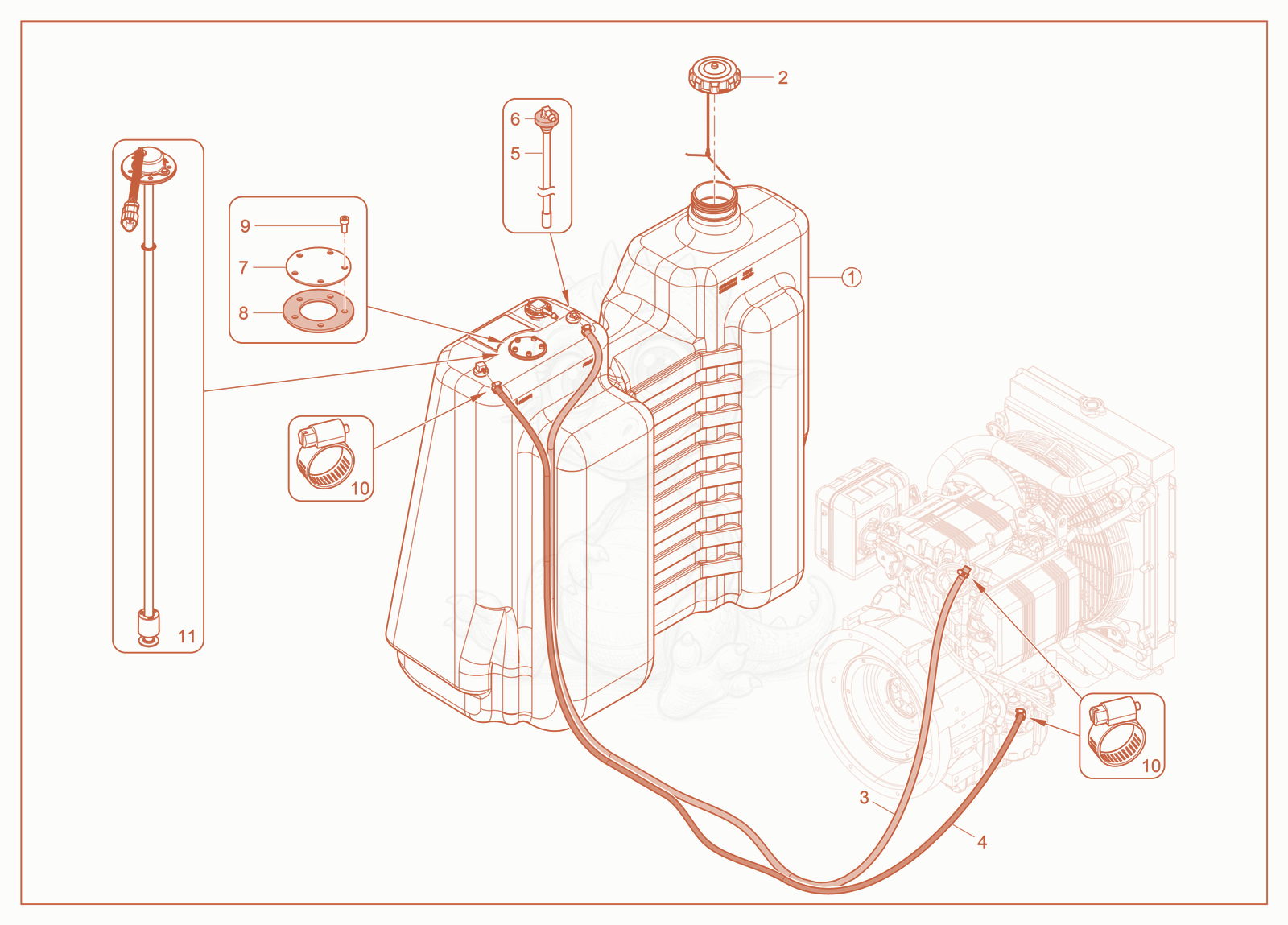 Exploded parts diagram of the Fuel tank SP of a Wacker Neuson LTV4L, with numbered balloons