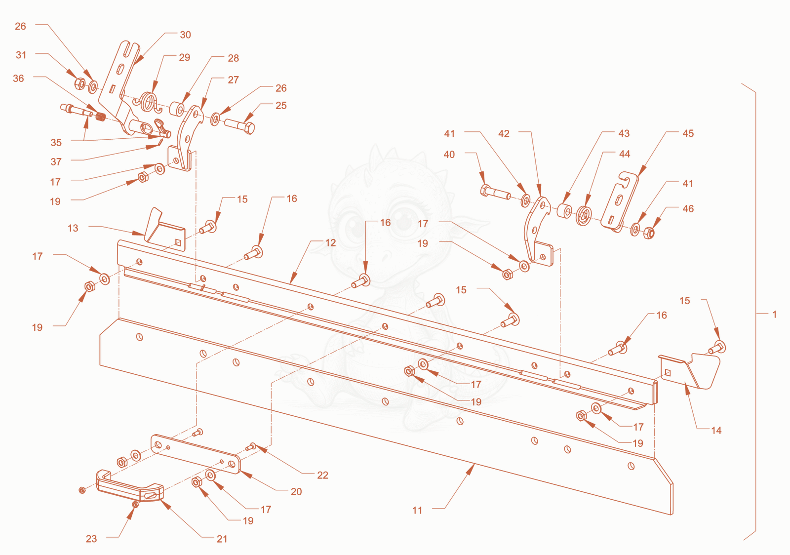 Exploded parts diagram of the scraper of a Wacker Neuson RD40-130OUS, with numbered balloons
