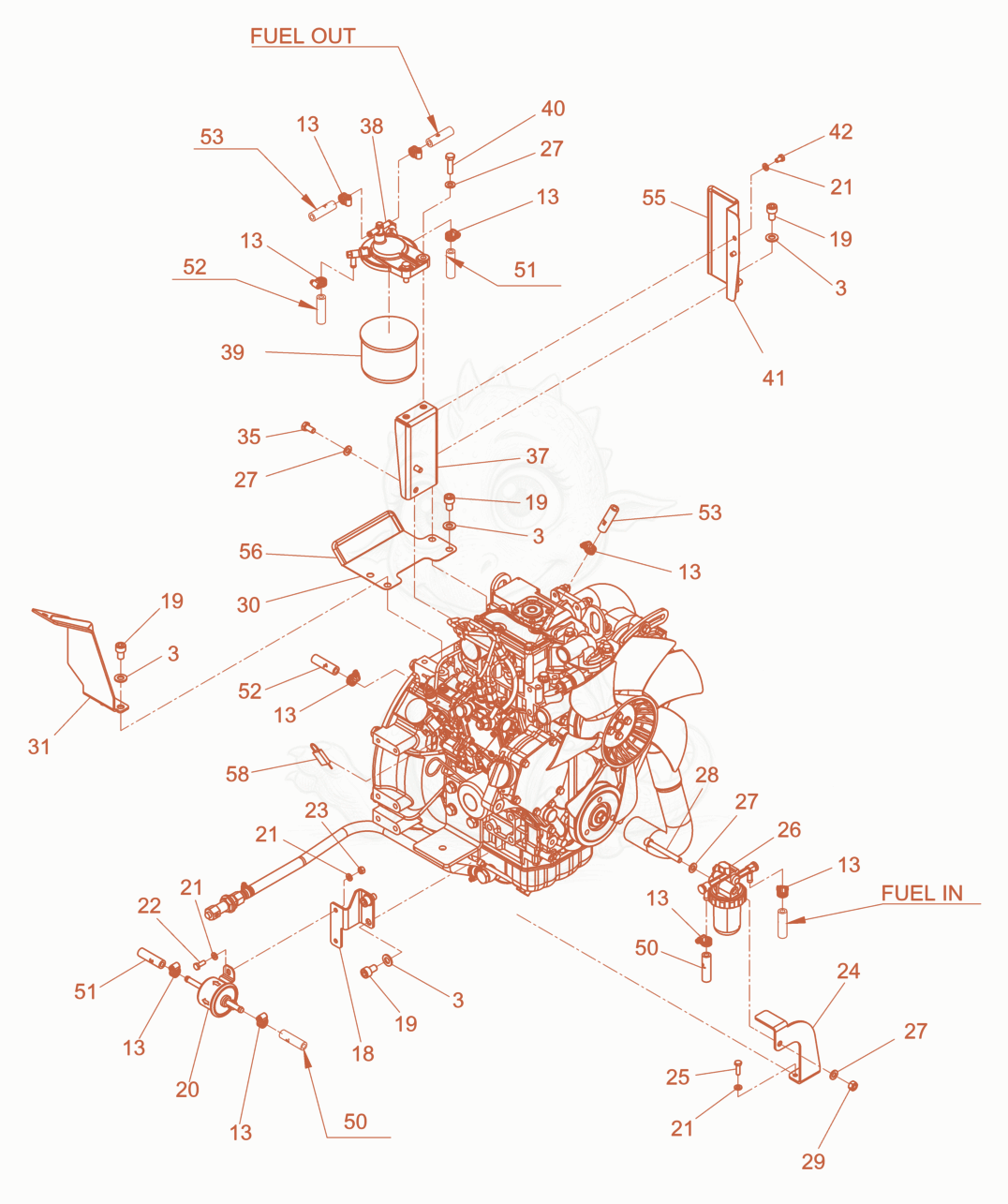 Exploded parts diagram of the engine cpl. of a Wacker Neuson LTN5YPHD, with numbered balloons
