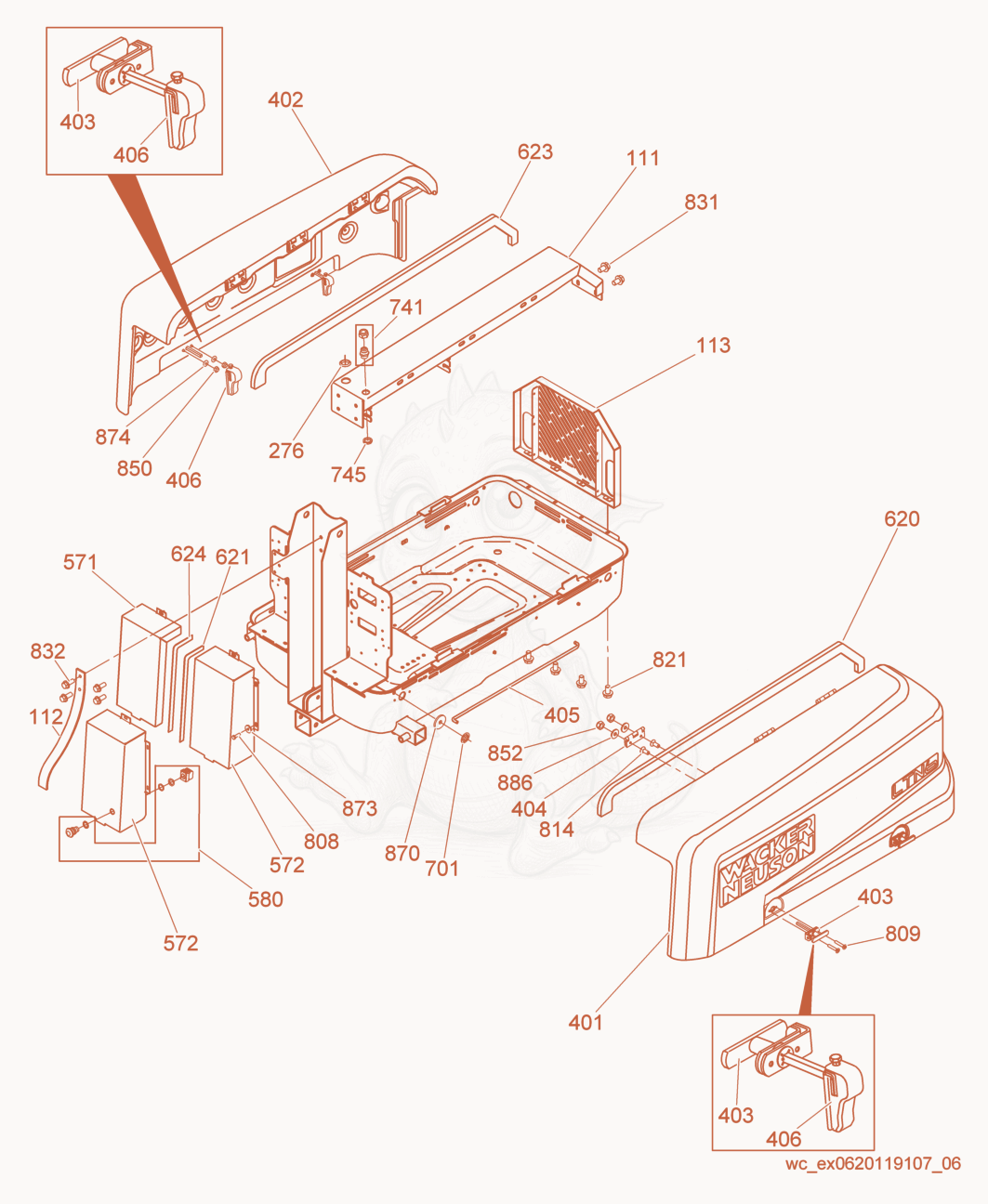 Exploded parts diagram of the Enclosure Panels of a Wacker Neuson LTN6LE, with numbered balloons