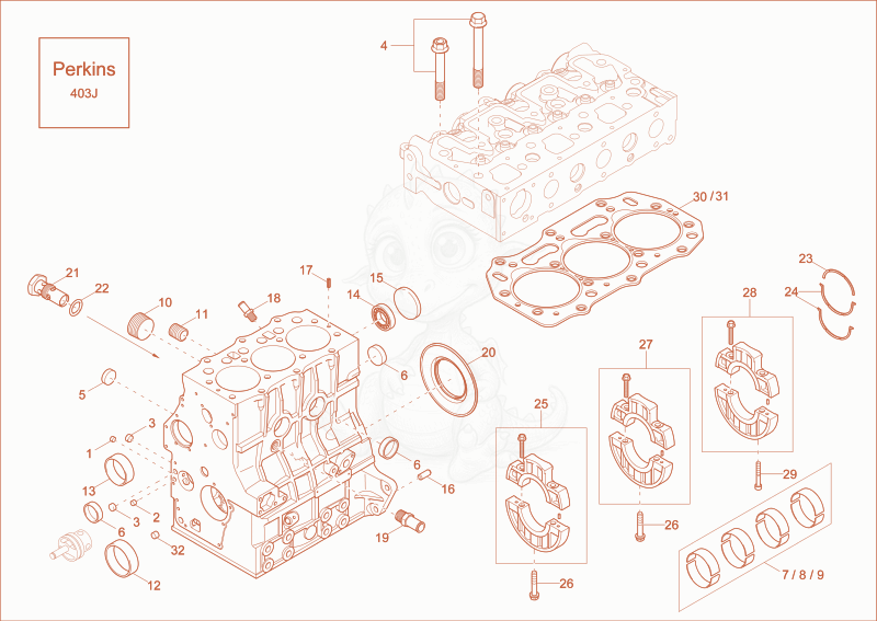 Despiece del CYLINDER BLOCK de una máquina Wacker Neuson DW40, con globos numerados