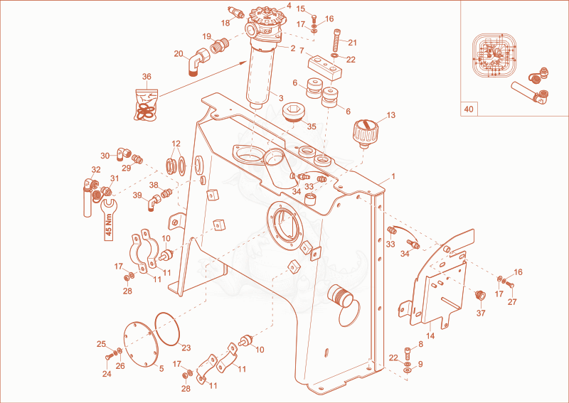 Exploded parts diagram of the hydraulic tank of a Wacker Neuson 38Z3, with numbered balloons