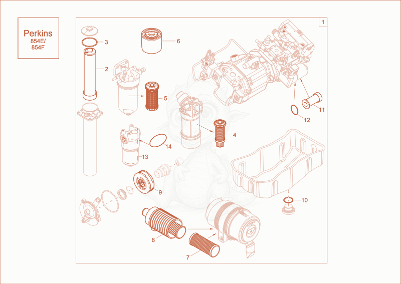 Despiece del service kit (1500h) de una máquina Wacker Neuson EW100, con globos numerados