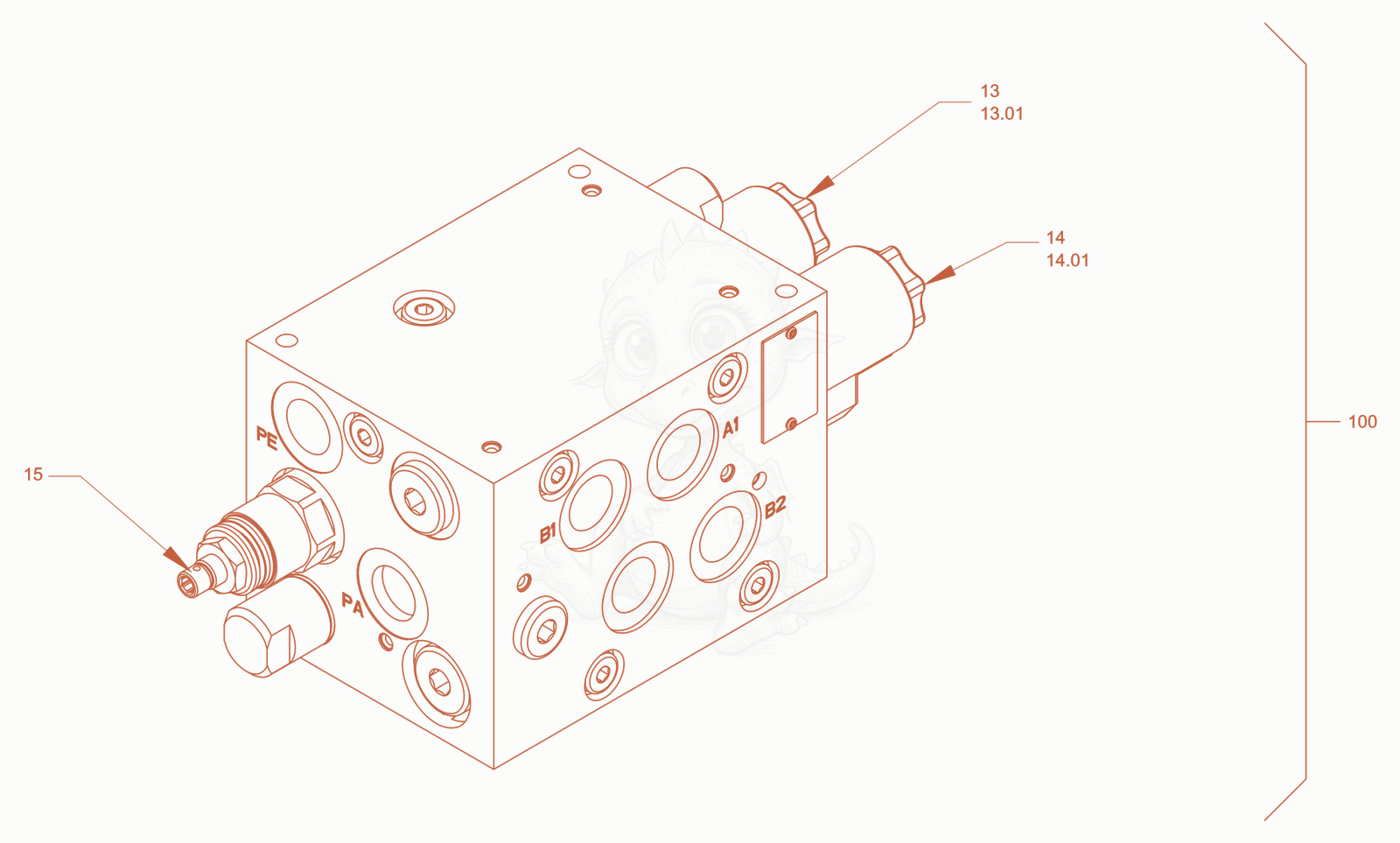 Exploded parts diagram of the valve block (changing over of vibration) of a Wacker Neuson RD45-140C, with numbered balloons