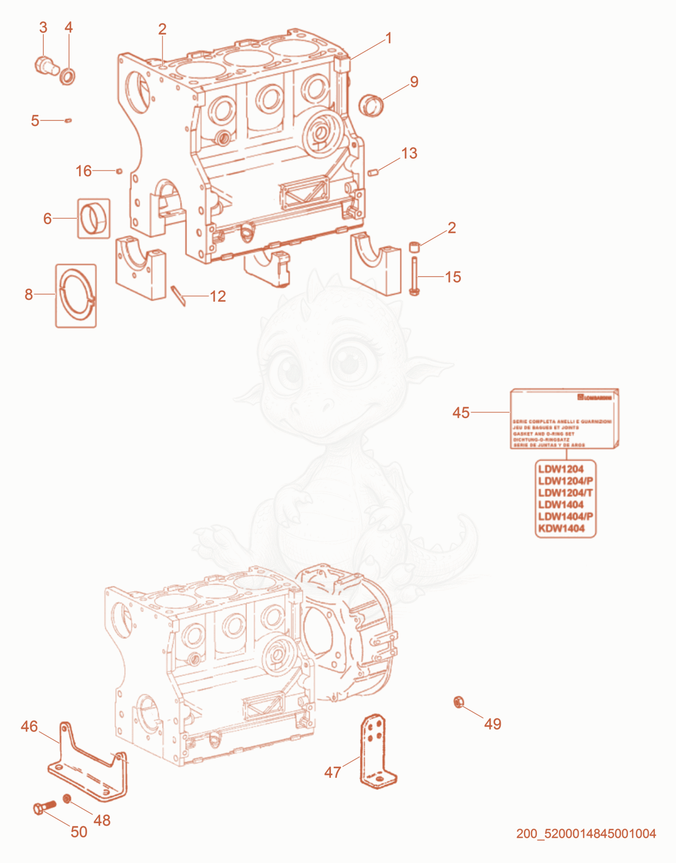 Exploded parts diagram of the Crankcase/Mounts of a Wacker Neuson PT6LT(I), with numbered balloons