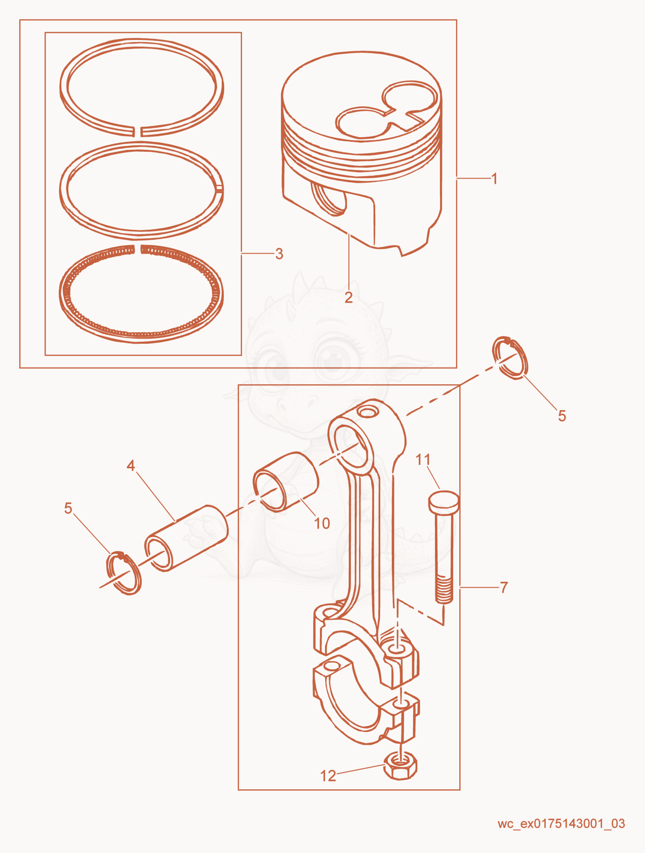 Exploded parts diagram of the Piston/Connecting Rod of a Wacker Neuson RD27-120, with numbered balloons
