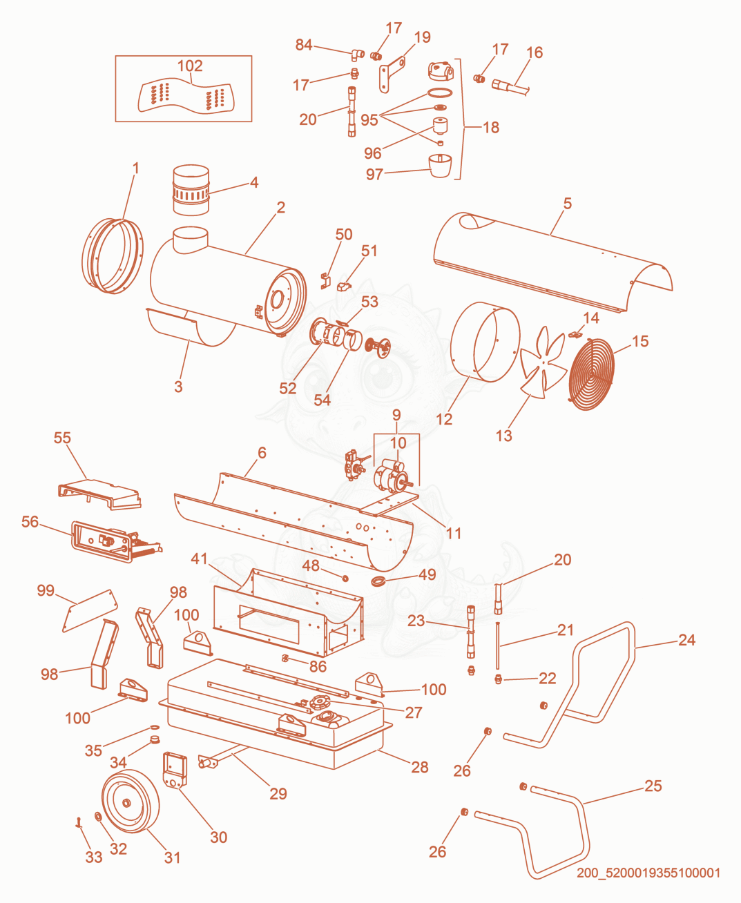 Exploded parts diagram of the Heater of a Wacker Neuson HI35, with numbered balloons