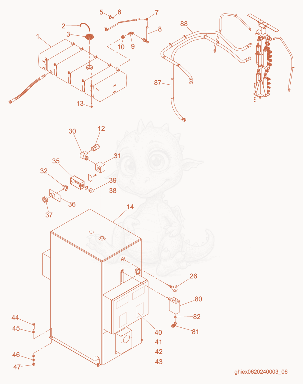 Exploded parts diagram of the Heater/Piping cpl. of a Wacker Neuson CH5000, with numbered balloons
