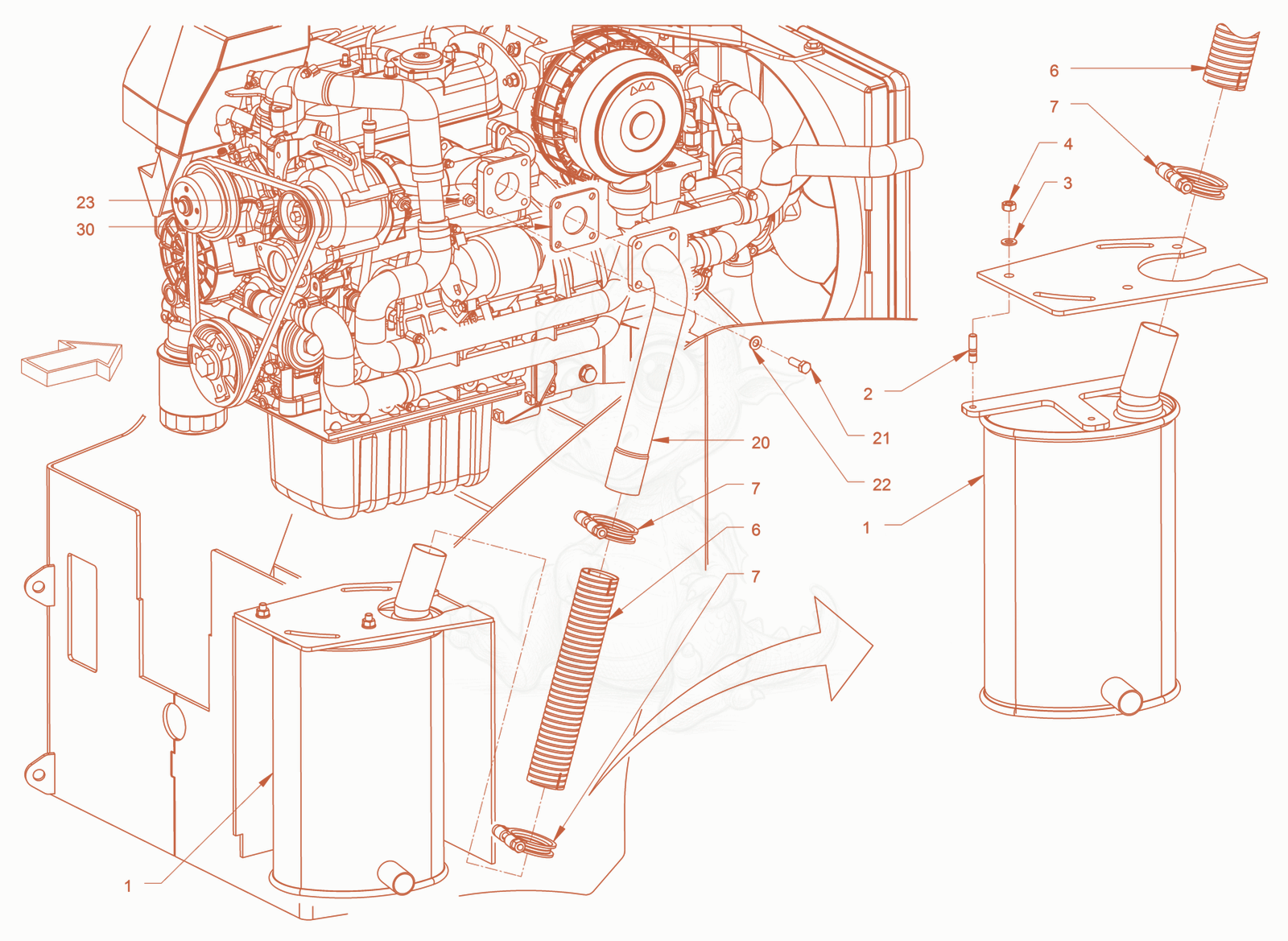 Exploded parts diagram of the exhaust system of a Wacker Neuson RD18-100C3, with numbered balloons