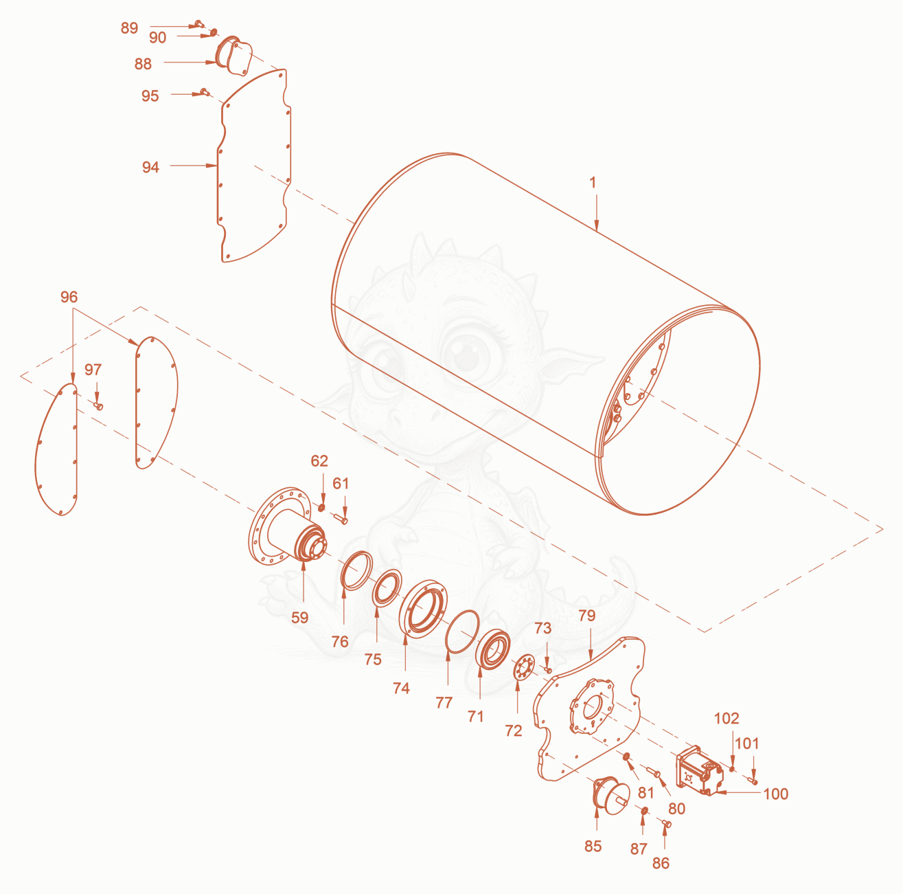 Exploded parts diagram of the smooth roller drum with oscillator of a Wacker Neuson RD27-120O, with numbered balloons