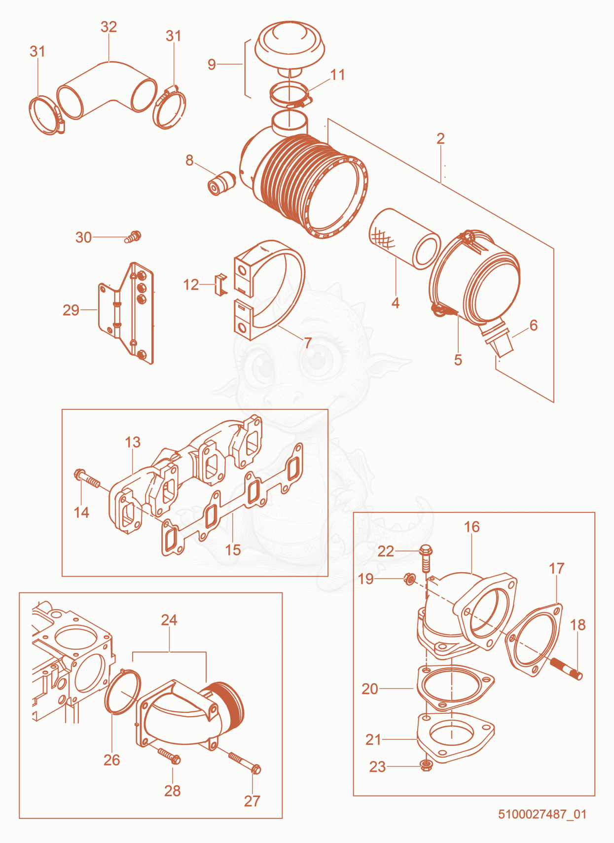 Exploded parts diagram of the Intake/Exhaust of a Wacker Neuson G50, with numbered balloons