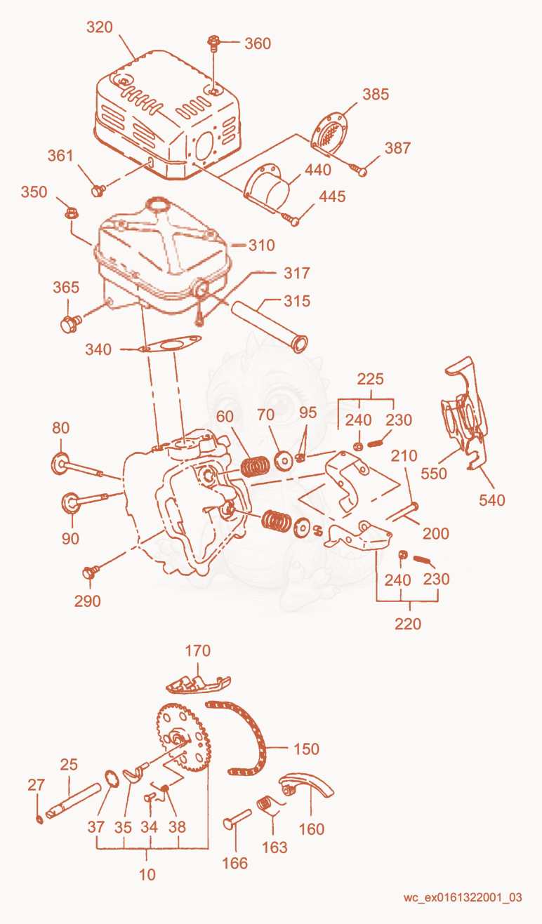 Exploded parts diagram of the Camshaft/Muffler/Valves-New Style of a Wacker Neuson PT2, with numbered balloons
