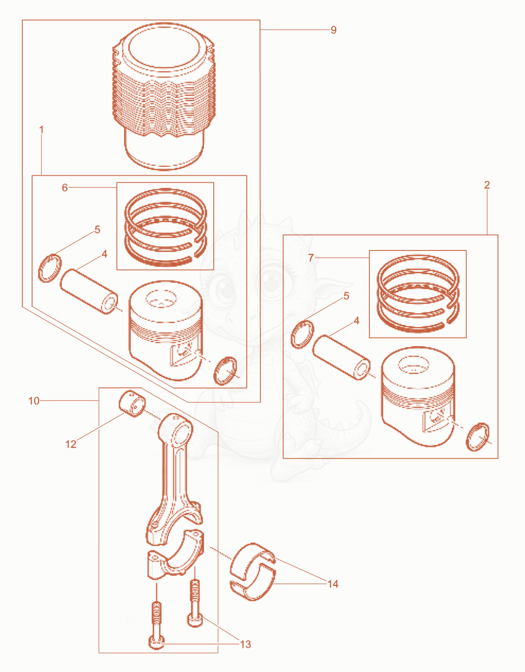 Exploded parts diagram of the Piston, Connecting rod,Cylinder of a Wacker Neuson RD7HEHF, with numbered balloons