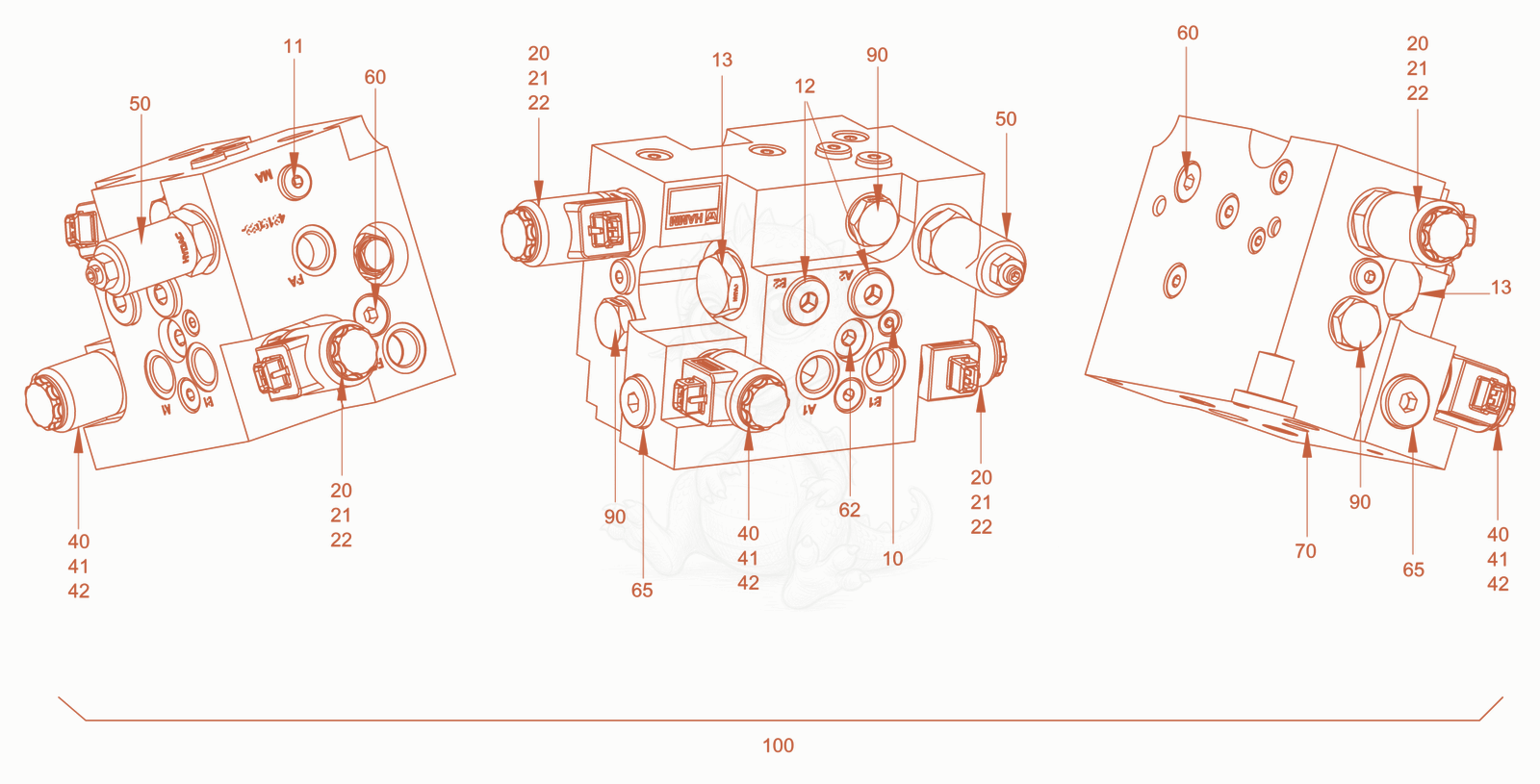 Exploded parts diagram of the valve block of a Wacker Neuson RD45-140, with numbered balloons