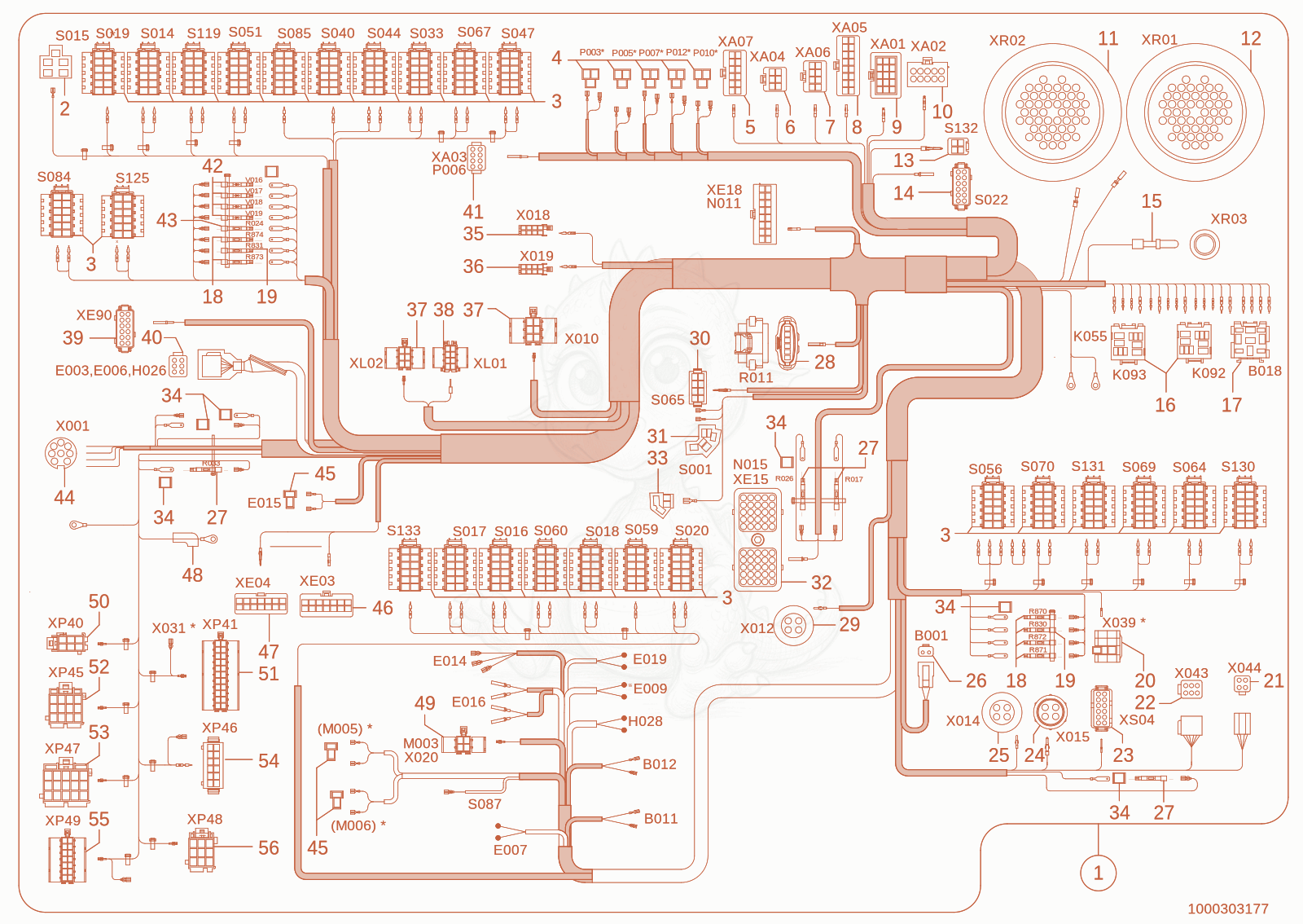 Despiece del wiring harness de una máquina Wacker Neuson TH744(416-02), con globos numerados