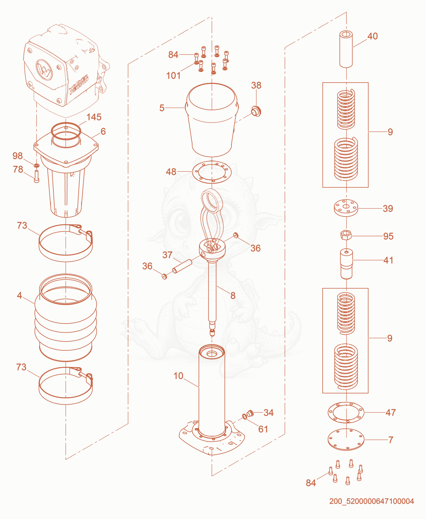 Exploded parts diagram of the Guide Cylinder cpl. of a Wacker Neuson BS60-4S, with numbered balloons