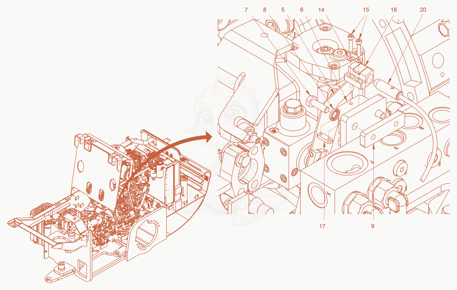 Exploded parts diagram of the vibro automatic of a Wacker Neuson RC70VOUS, with numbered balloons