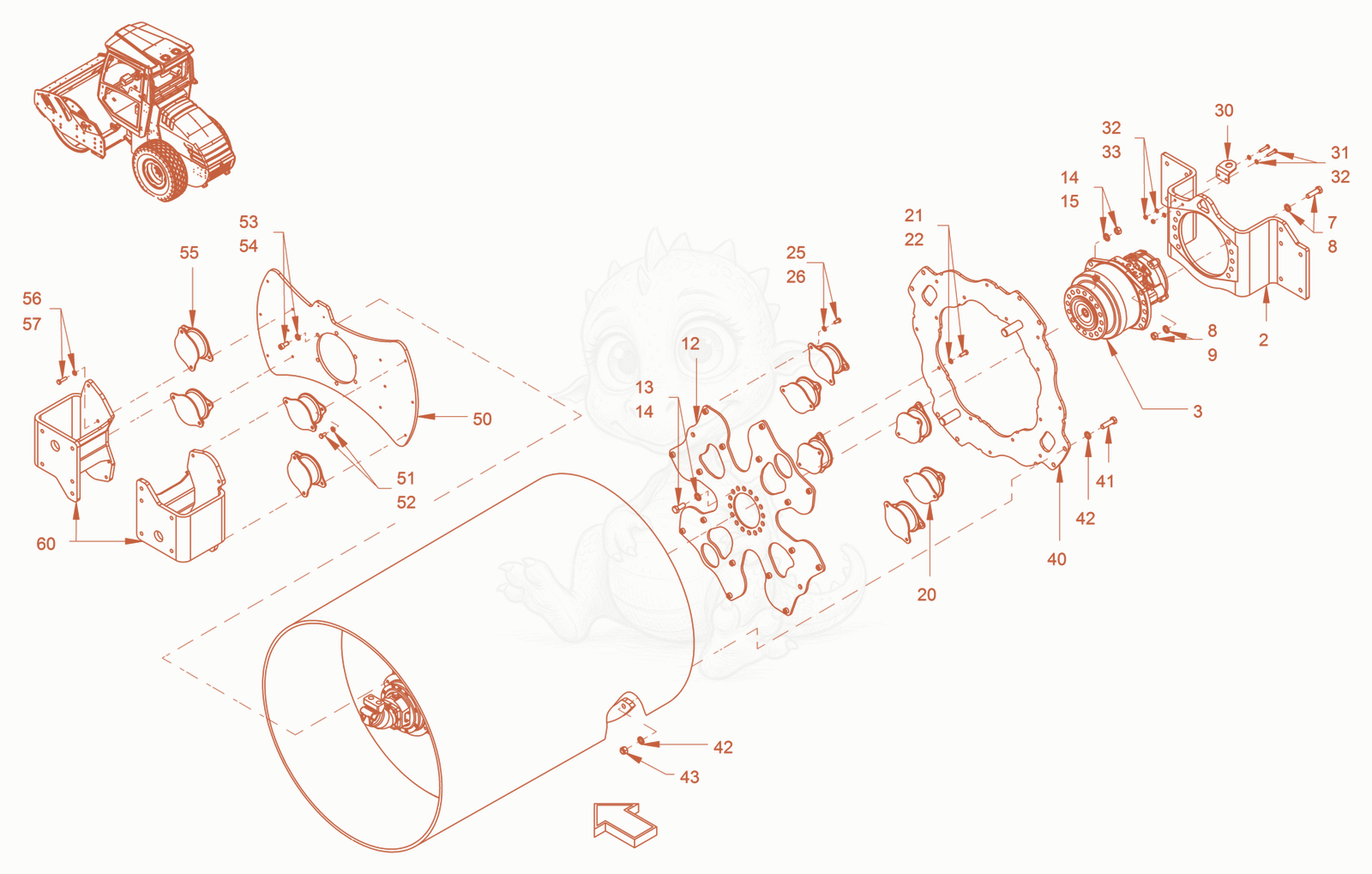 Exploded parts diagram of the Suspension (Roller Drum) of a Wacker Neuson RC70, with numbered balloons