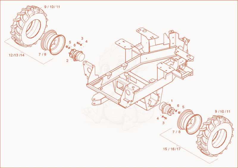 Exploded parts diagram of the rear wheels of a Wacker Neuson 1001, with numbered balloons