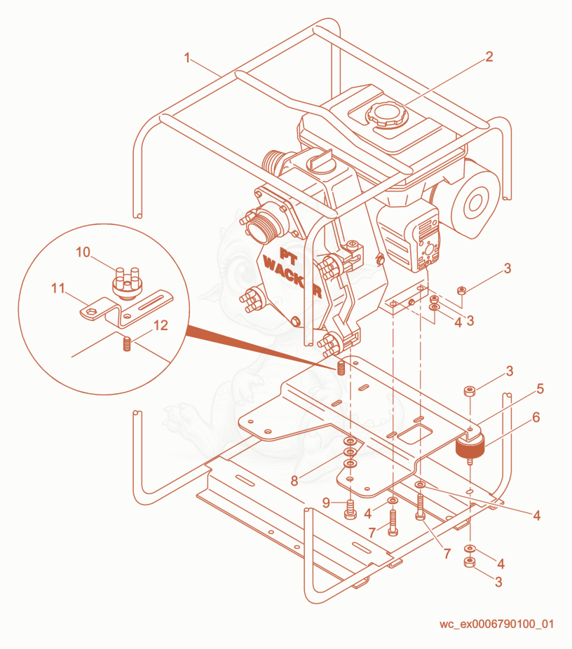 Exploded parts diagram of the Frame cpl. of a Wacker Neuson PT2R, with numbered balloons