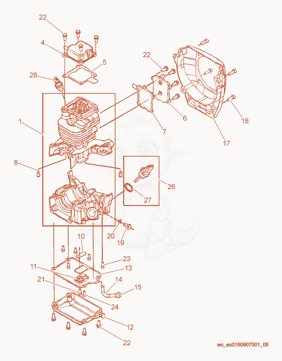 Despiece del Crankcase de una máquina Wacker Neuson P35, con globos numerados