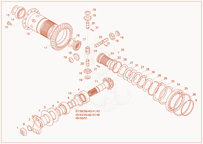 Exploded parts diagram of the differential (front axle) of a Wacker Neuson 4001, with numbered balloons