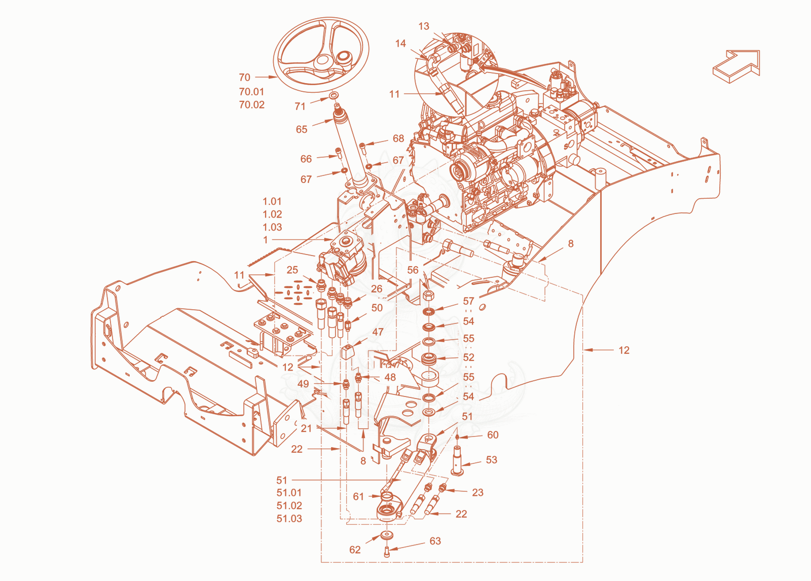 Exploded parts diagram of the steering of a Wacker Neuson RD18-100C.3, with numbered balloons