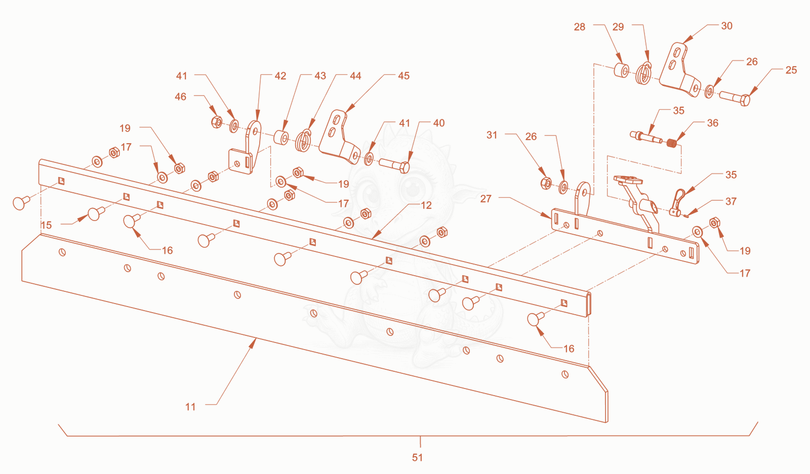 Exploded parts diagram of the Foldable scraper of a Wacker Neuson RD40-130, with numbered balloons
